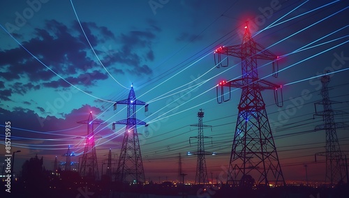 A photo of multiple high-voltage power lines with laser beams shooting from the top, illuminating blue light against an evening sky background