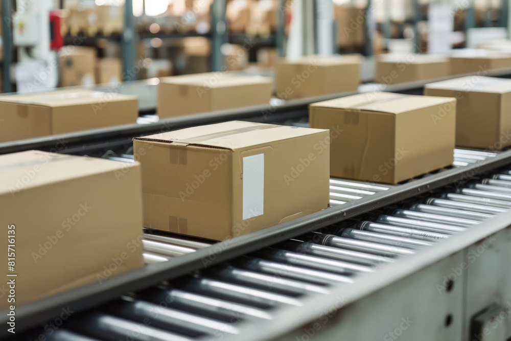 Cardboard boxes on the conveyor line of a sorting center. AI generative