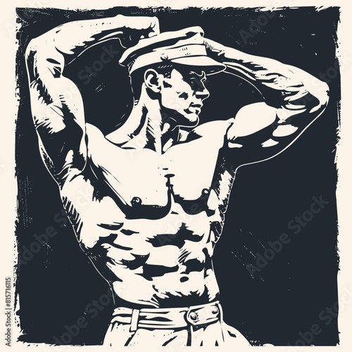 A sailor bodybuilder with a naked torso demonstrates his muscles,  vector illustration