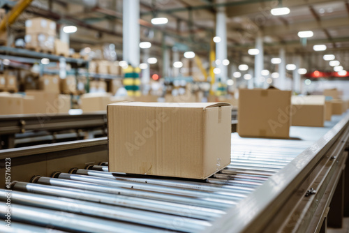 Cardboard boxes on the conveyor line of a sorting center. AI generative