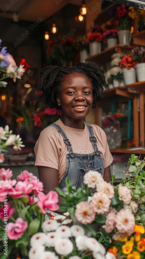 Joyful African American Woman Flower Shop Owner Poses Warmly for Camera