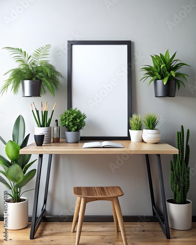 Interior of modern living room with wooden table, chair and plants