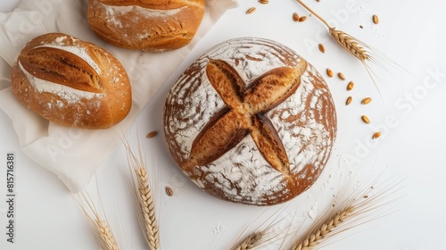 小麦の穂とパン、食べ物の原料を連想させるイメージ 