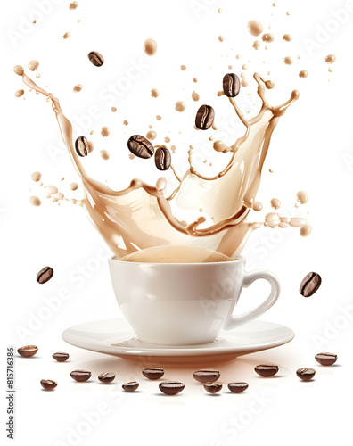 Fly cup of coffee and spilled drops and splash of coffee with beans on white background