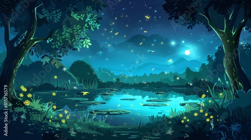 Forest swamp scene with glowing fireflies at night in the summer or spring. Summer or spring midnight wetland scene with glowing fireflies.