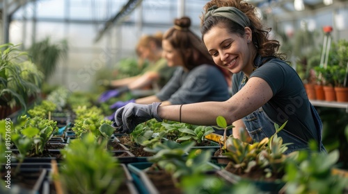 Plant Nursery Collaboration: Teamwork Portrait of Coworkers in Garden Center