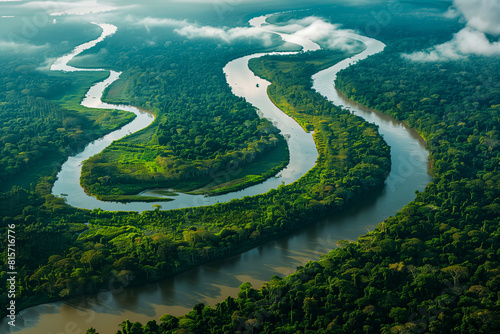 A river meandering through dense green woodland