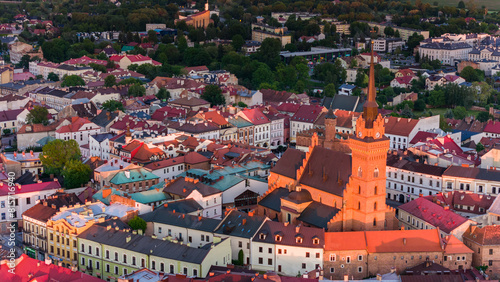 Aerial drone view of Tarnow townscape , Poland. Cathedral church of of Holy Family and Market Square Town Hall.