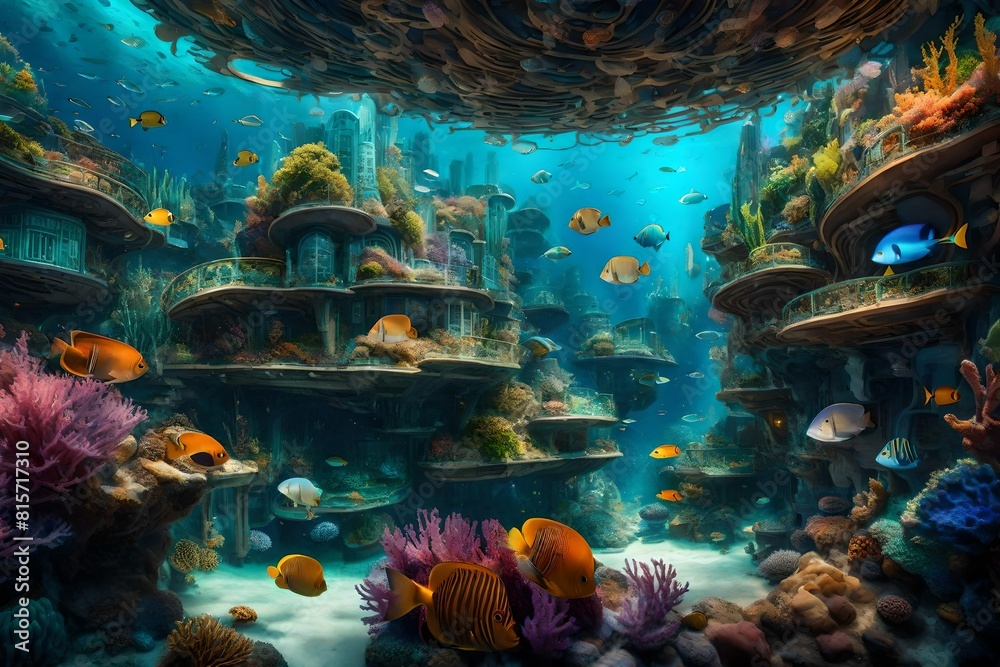 An underwater utopia, showcasing a bustling coral city teeming with vibrant marine life and colorful, exotic fish