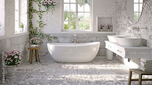 a French-style bathroom with its clean and bright atmosphere  showcasing double vanity sinks  marble walls  and mosaic tile flooring leading to a luxurious soaking tub.