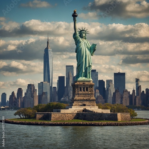 The iconic Statue of Liberty with the New York City skyline. © malik