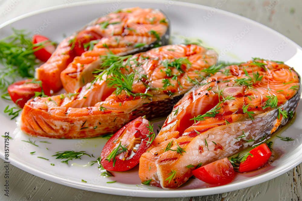 Three pieces of salmon with tomatoes on a plate Three pieces of salmon with tomatoes on a plate