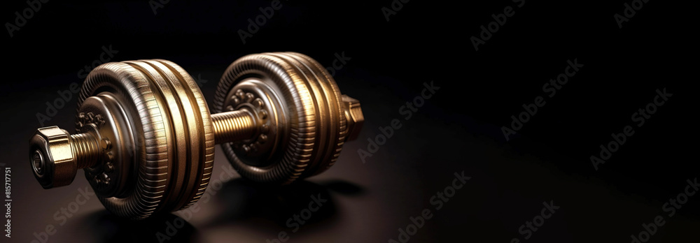 Sports equipment chrome dumbbell, dark background. AI generated. Sports equipment chrome dumbbell, dark background. AI generated.