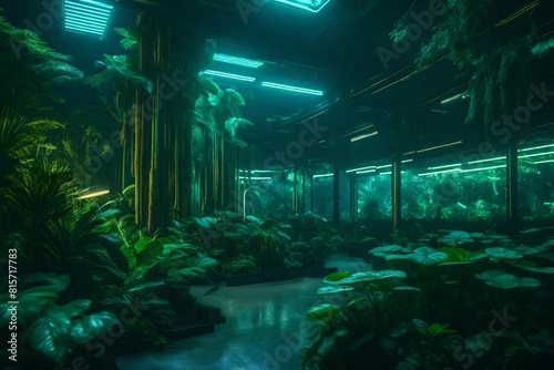 A school nestled in a dense, alien jungle, where colossal, phosphorescent plants and fungi provide an otherworldly ambiance photo