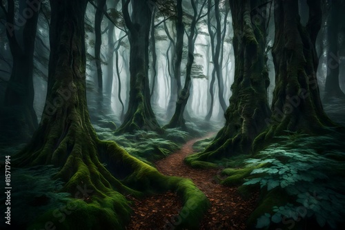 A dense  mysterious forest shrouded in mist  with towering ancient trees and a winding path that disappears into the heart of the woods