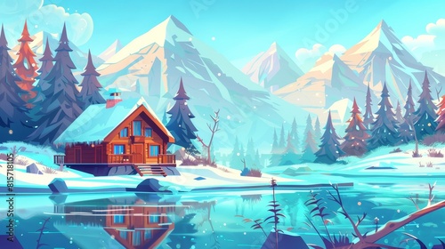 In this cartoon winter landscape, the wooden cabin on tilts is covered with snow on the shore of a lake near rocky mountains. It represents a cozy family house or hotel for camping and outdoor