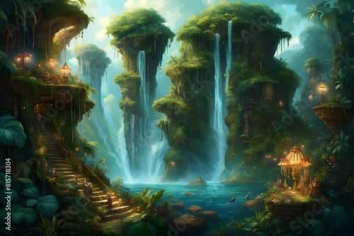 A surreal, floating island of cascading waterfalls, lush vegetation, and exotic, fantastical creatures in a breathtaking high-definition view © coco