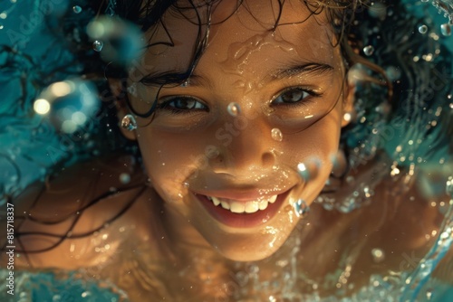 Close-up of a happy child enjoying a swim in the pool, smiling with water droplets on face on a sunny day. photo
