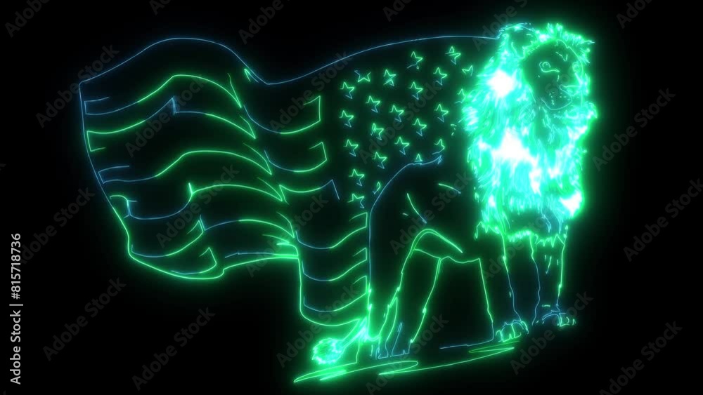 neon animation of Lion head with USA flag. neon animation of Lion head with USA flag.