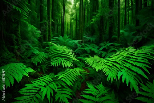 **Dense emerald ferns unfurling their fronds, creating a textured carpet of greenery that stretches into the horizon, a testament to the beauty of nature's patterns