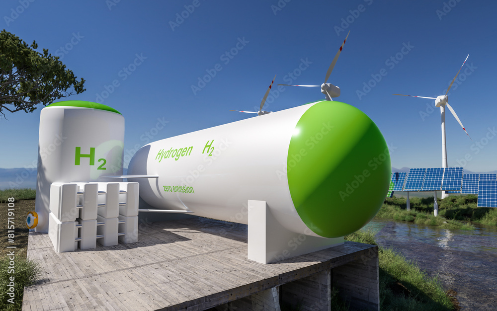 Green Hydrogen renewable energy production - hydrogen gas for clean electricity solar and windturbine facility. 3d rendering.