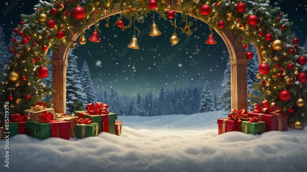 Beautifully decorated archway stands amidst snowy landscape, adorned with vibrant red, gold ornaments, bells, abundance of greenery. Gifts wrapped in festive colors nestled in snow at base of arch.