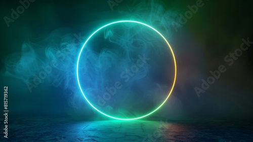 The neon luminous ring frame is surrounded by blue and green gradient clouds or smoke and sparkles. The circle features a realistic modern led light circle with glowing fog on a dark background. © Mark