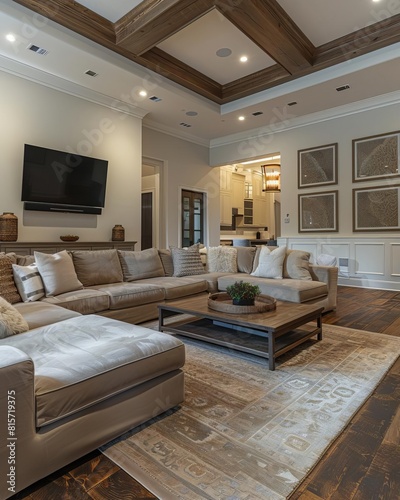 Design a warm and inviting living room with a large, comfortable sofa, a coffee table, and a TV