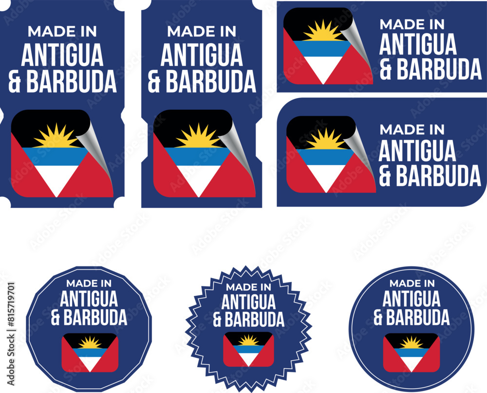 Made in Antigua and Barbuda. Antigua and Barbuda flag, Tag, Seal, Stamp, Flag, Icon vector Made in Antigua and Barbuda. Antigua and Barbuda flag, Tag, Seal, Stamp, Flag, Icon vector