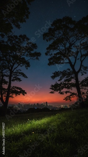 Serene night sky, adorned with twinkling stars, stretches above cityscape that gently illuminated by fading hues of sunset. Silhouetted trees frame view.
