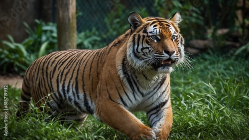 Majestic tiger captured mid-stride  moving gracefully through lush green environment. Powerful muscles evident beneath vibrant  striped fur  showcasing animals strength  agility.