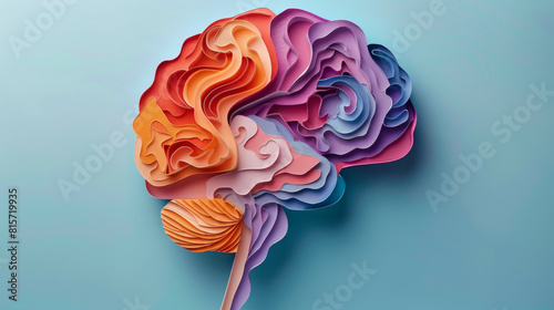 Colorful 3D paper cut brain model showcasing mental health and emotion areas. photo