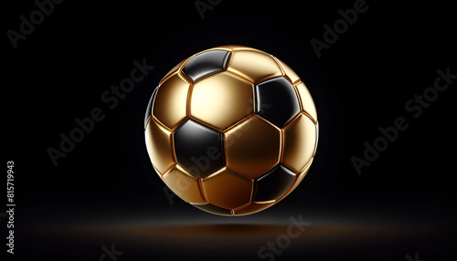 A golden soccer ball with black and gold panels stands out against a dark background. The ball’s shiny surface exudes luxury and prestige.