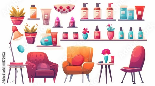 An isolated modern cartoon illustration of nail salon interior elements. Includes manicure led lamp  polish bottles on desk  comfortable armchairs  hand cream jars on shelf  flower pots.