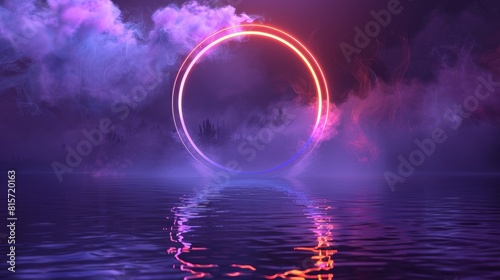 Optical illusion of neon circulated arch frame with smoke and reflections on water surface. Realistic modern illustration of luminous round magic portal or product presentation. © Mark