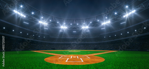 Modern sport stadium at night and baseball field ready for the match. Professional sports background for advertisement. photo
