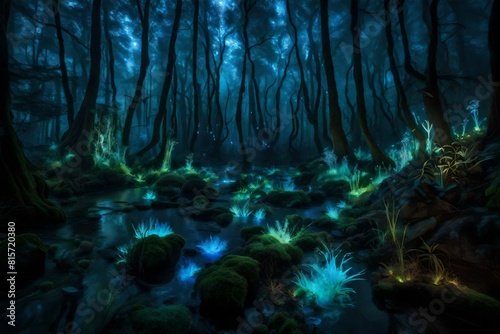 An otherworldly forest filled with bioluminescent plants  creating an ethereal and calming ambiance..