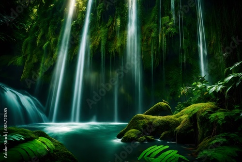   A mesmerizing  close-up view of a majestic waterfall surrounded by lush greenery in a hidden jungle. The water glistens under the sunlight  captured by an HD camera