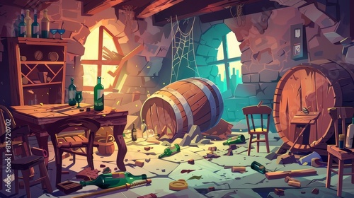 Decorative cartoon modern illustration of an abandoned wine cellar with broken wooden barrels, tables and chairs, smashed bottles, garbage and cobwebs. This messy basement room was originally photo