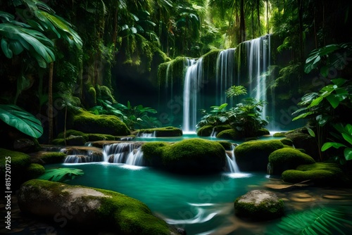 A serene waterfall hidden deep within a lush, emerald jungle, its waters cascading gracefully into a tranquil pool surrounded by vibrant foliage