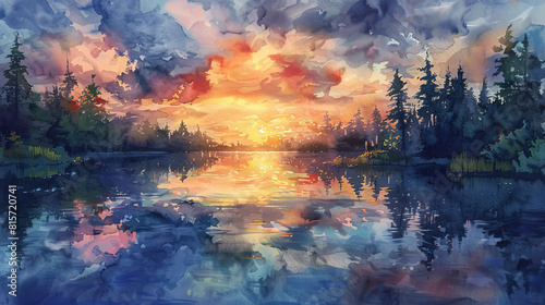 Vibrant skies reflected in tranquil lake, beautiful watercolor painting