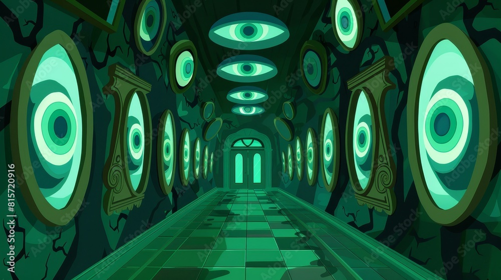 In addition to a dark hallway interior with haunted eyes in the mirror, this illustration also features a dreamy green Halloween dream starring an evil creature and a lurking monster. In addition to a dark hallway interior with haunted eyes in the mirror, this illustration also features a dreamy green Halloween dream starring an evil creature and a lurking monster.