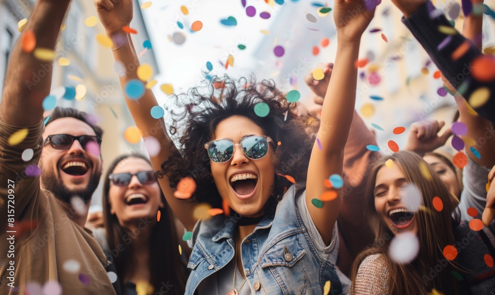 Obraz premium Outdoor Celebration Concept - Friends Enjoying Festive Street Party with Confetti