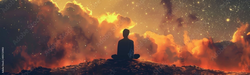Man sitting on a hill looking at the stars. Banner Man sitting on a hill looking at the stars. Banner