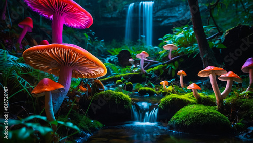 Fantasy magical Mushrooms glade in enchanted fairy tale dreamy elf Forest, fairytale rose flower garden and butterflies on mysterious background, 