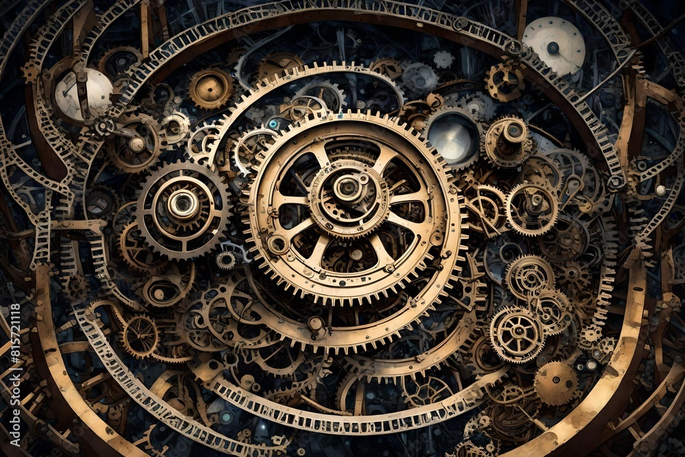 An immense, surreal clockwork mechanism, suspended in a starry void, its gears and cogs spinning with cosmic precision