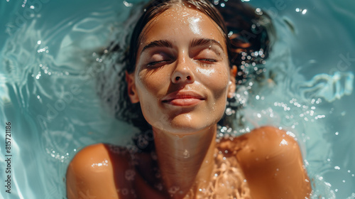 Woman floating in water, eyes closed, serene expression