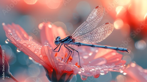 Experience the delicate beauty of a translucent damselfly as it rests upon a dew-kissed flower petal, its wings shimmering in the morning light.