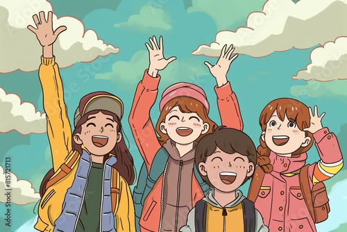 Happy group of friends with hands up over sky background vector illustration graphic design