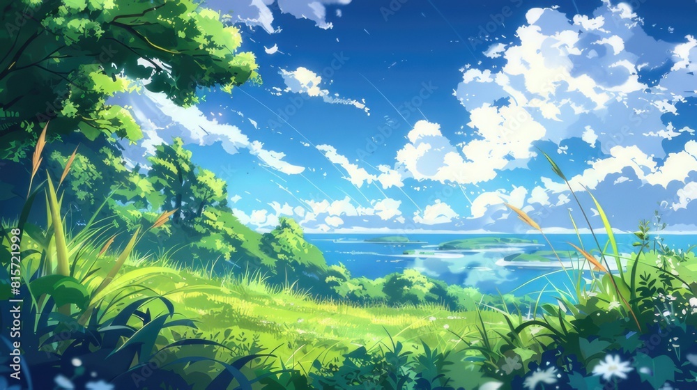 Anime Style Landscape Summer Grass and Bushes Illustration with Vibrant Colors and Detailed Artistic Expression
